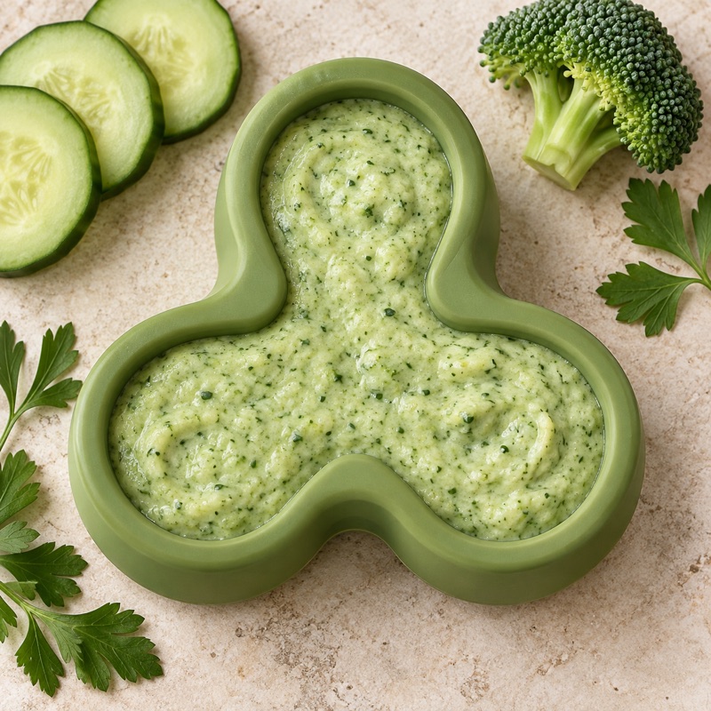 Inspiratiebeeld van een groene yoghurtvulling met komkommer, broccoli en peterselie